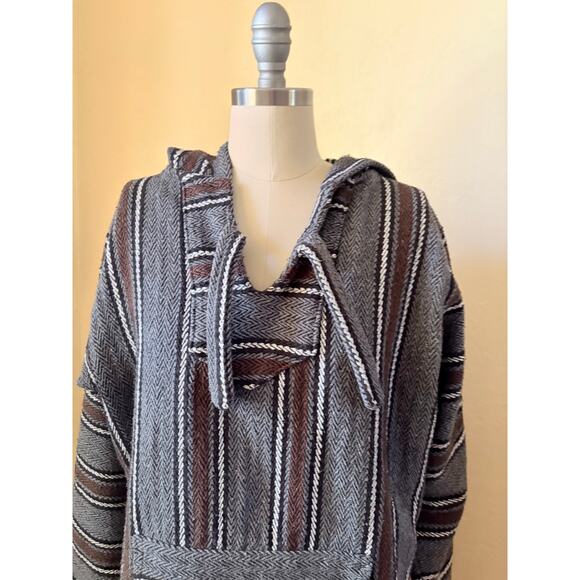 Miguel Geraldo Baja Hoodie Sweater Pullover Striped Mexican Jacket M Gray Brown - Picture 2 of 6